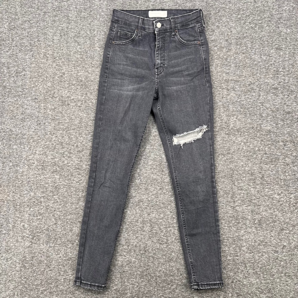 Topshop Jamie High Waisted Skinny Jeans Faded‎ Black Distressed Knee W25 Crop
